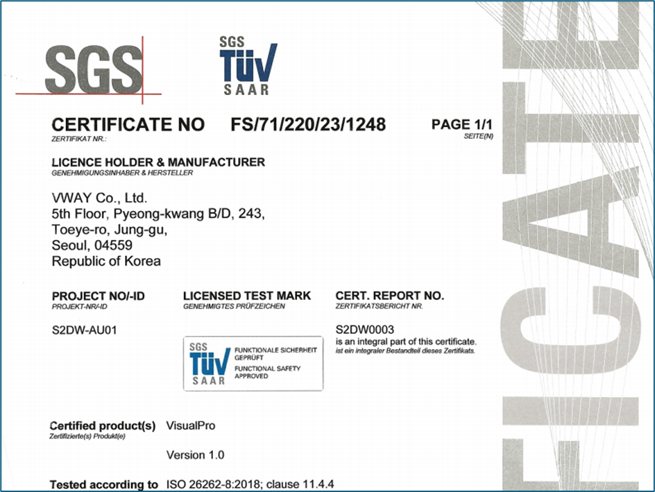 VisualPro 1.0 的 SGS-TÜV Saar 功能安全认证证书（ISO 26262-8:2018 第 11.4.4 条，证书编号 FS/71/220/23/1248）