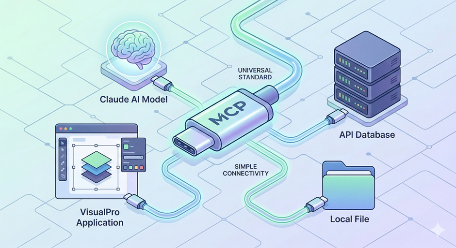 以 MCP 接口作为通用标准，将 Claude AI 模型、VisualPro 应用、API 数据库与本地文件连成一体的示意图