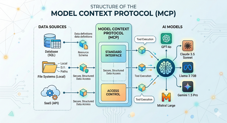 Model Context Protocol（MCP）结构图。SQL 数据库、本地文件系统、SaaS API 等数据源经标准接口与访问控制，接入 GPT-4o、Claude 3.5 Sonnet、Llama 3 70B、Gemini 1.5 Pro、Mistral Large 等 AI 模型