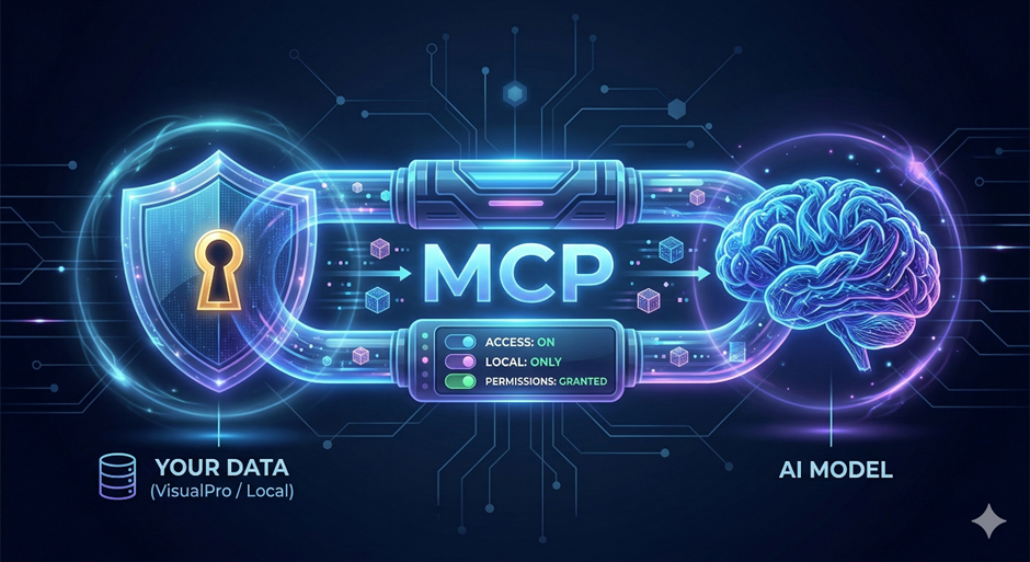自有数据（VisualPro／本地）在盾牌保护下经 MCP 接入 AI 模型的示意图，并标注访问已开启、仅限本地、权限已授予